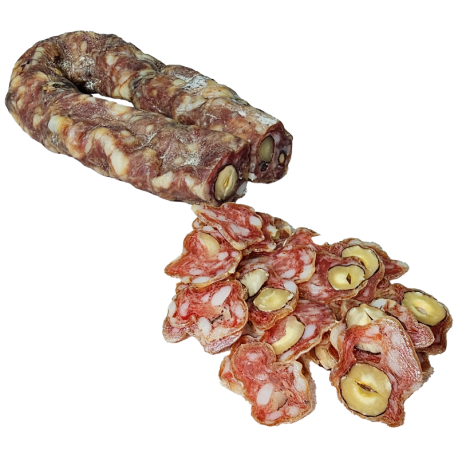 Saucisson sec apéritif aux noisettes tranché de la ferme de Montchervet - AMPLEPUIS 69 - Sans nitrite ni conservateur